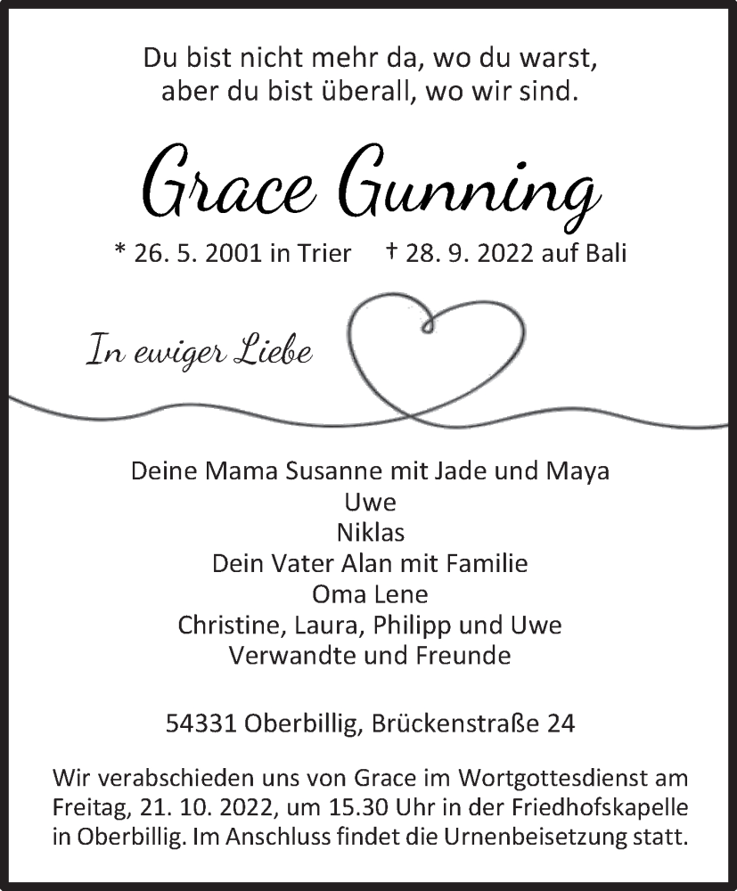  Traueranzeige für Grace Gunning vom 15.10.2022 aus trierischer_volksfreund