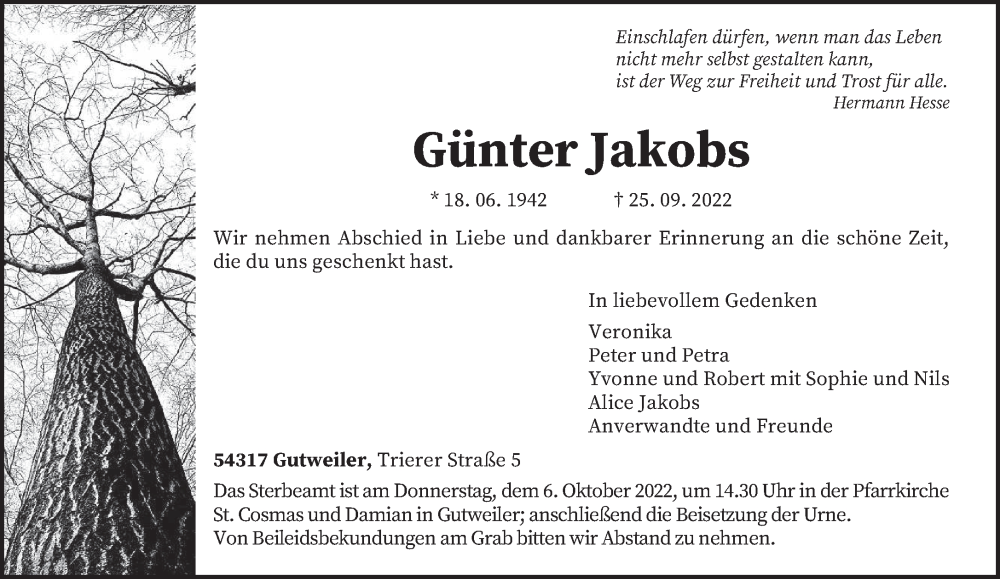  Traueranzeige für Günter Jakobs vom 01.10.2022 aus trierischer_volksfreund