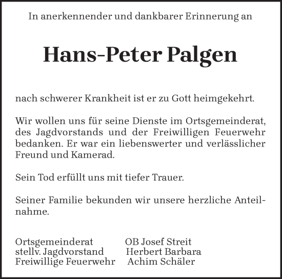 Traueranzeige von Hans-Peter Palgen von trierischer_volksfreund
