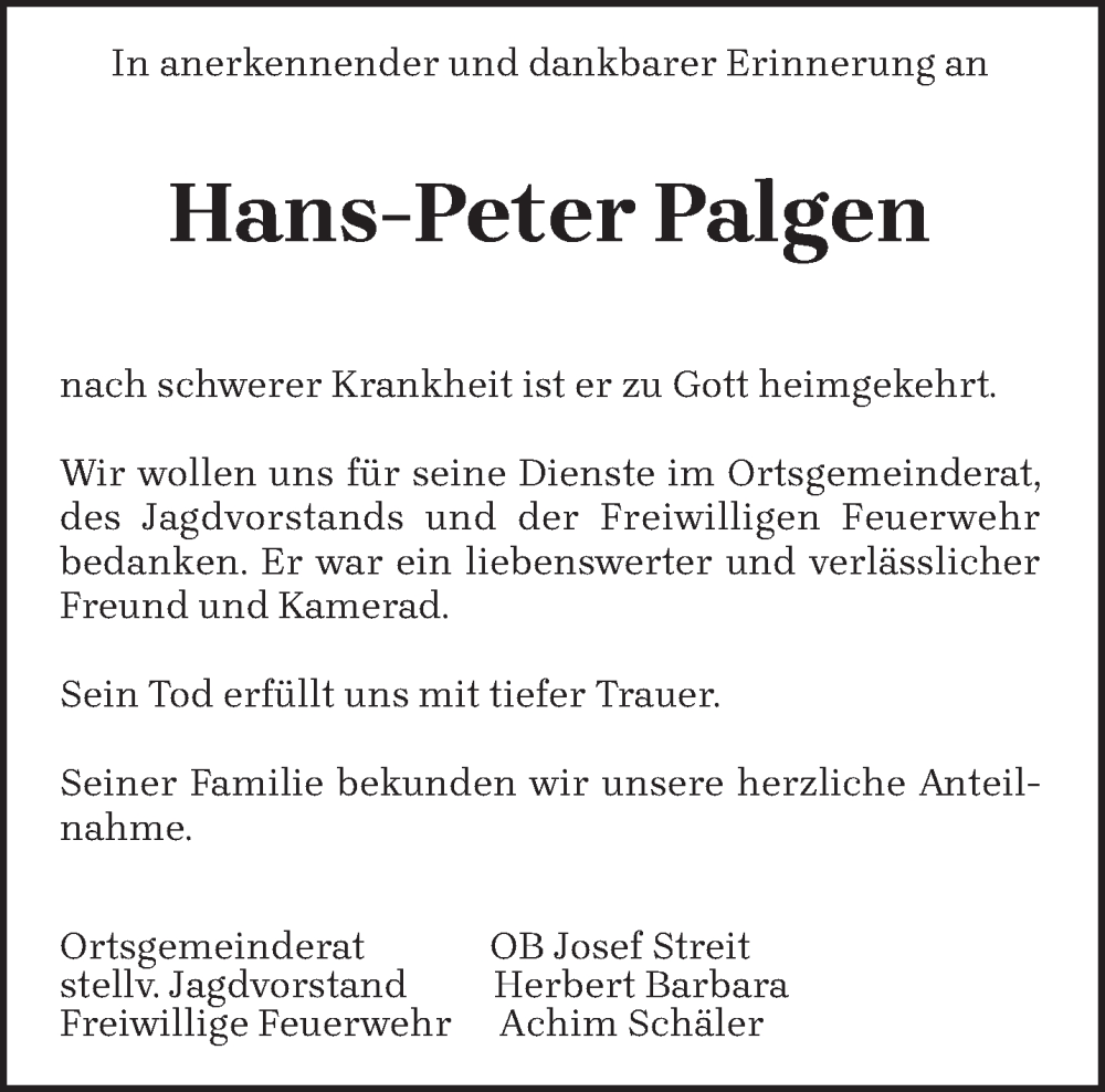  Traueranzeige für Hans-Peter Palgen vom 30.09.2022 aus trierischer_volksfreund