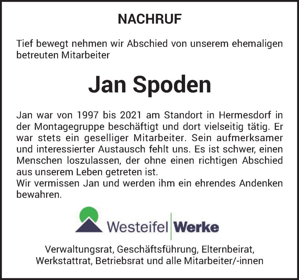  Traueranzeige für Jan Spoden vom 21.10.2022 aus trierischer_volksfreund