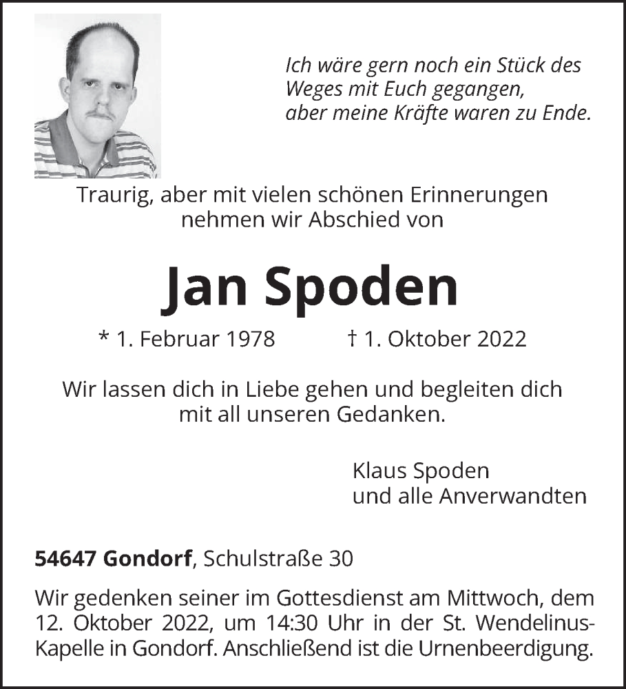  Traueranzeige für Jan Spoden vom 05.10.2022 aus trierischer_volksfreund