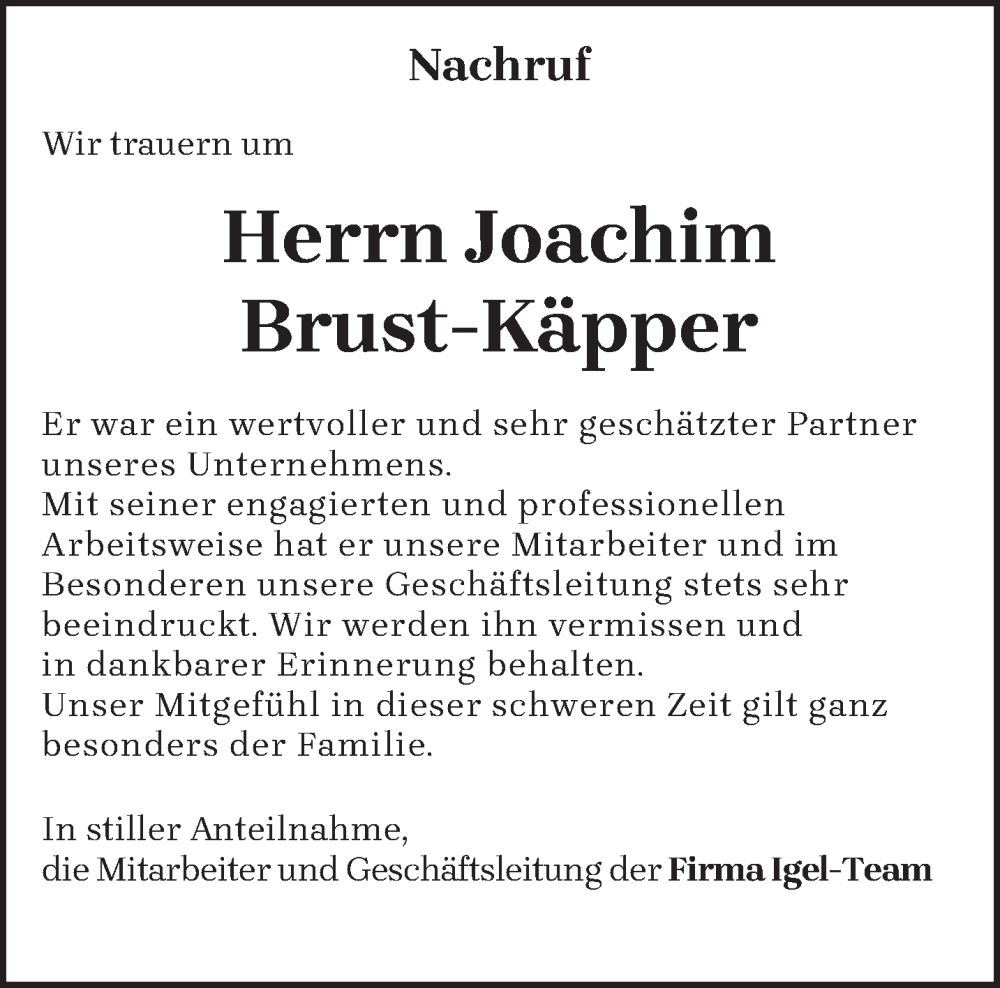  Traueranzeige für Joachim Brust-Käpper vom 25.10.2022 aus trierischer_volksfreund