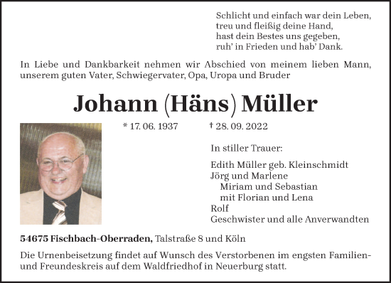 Traueranzeige von Johann Müller von trierischer_volksfreund