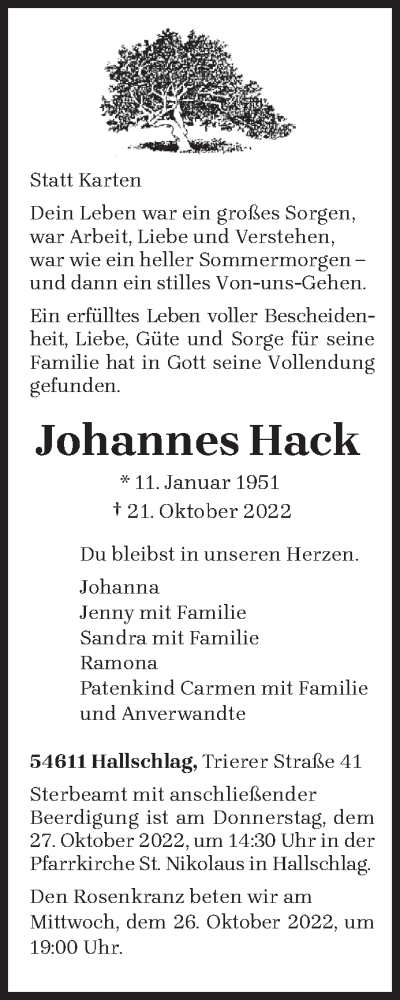 Traueranzeige von Johannes Hack von trierischer_volksfreund