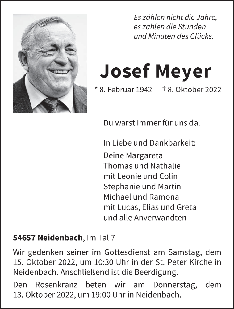 Traueranzeigen von Josef Meyer Volksfreund.Trauer.de