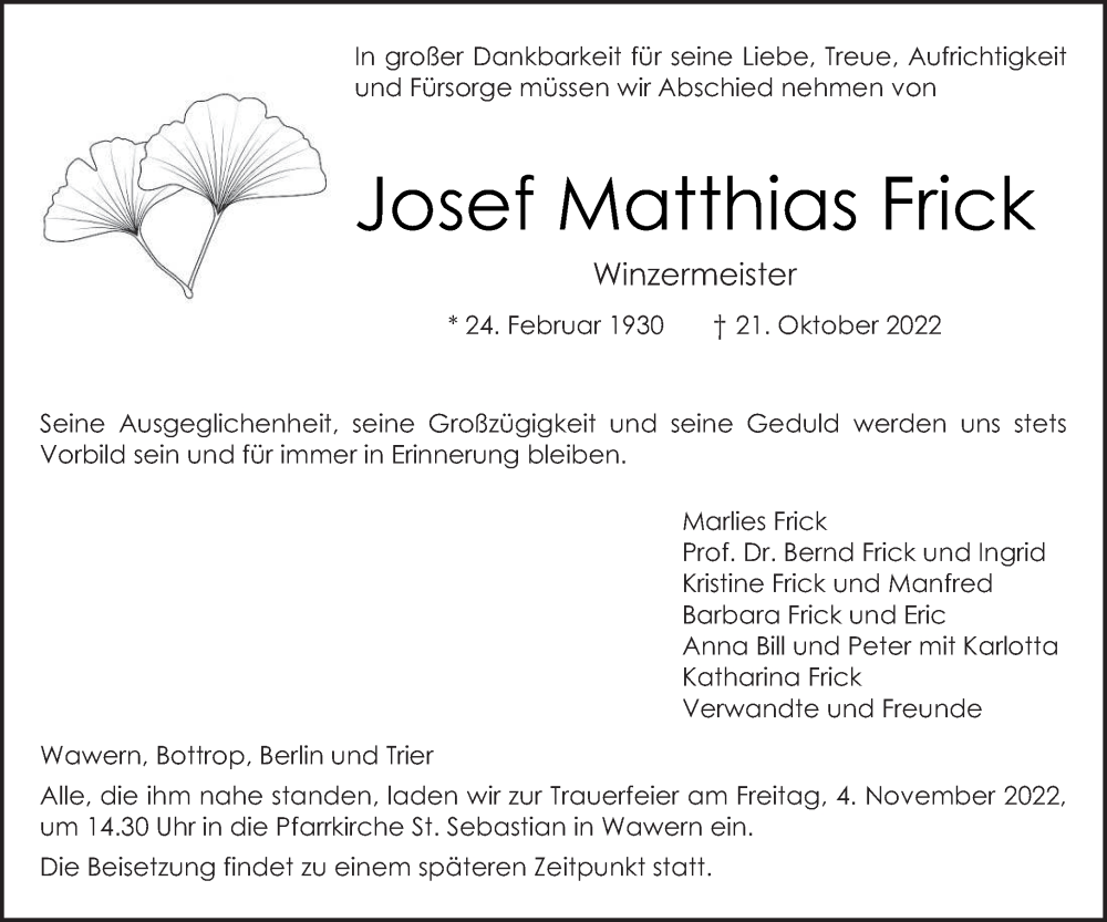 Traueranzeige für Josef Matthias Frick vom 29.10.2022 aus trierischer_volksfreund