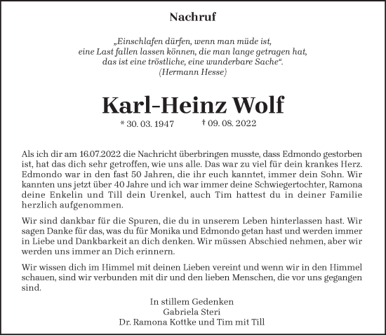 Traueranzeige von Karl-Heinz Wolf von trierischer_volksfreund