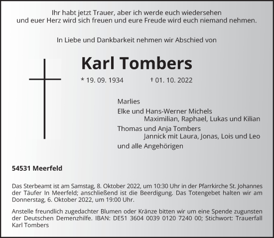 Traueranzeige von Karl Tombers von trierischer_volksfreund