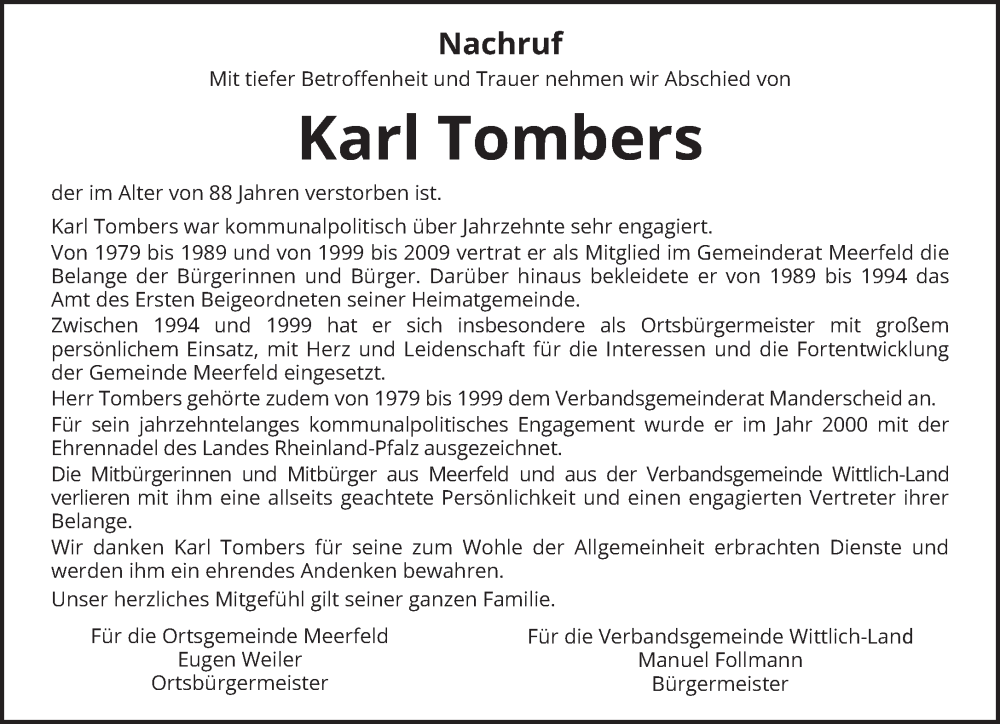  Traueranzeige für Karl Tombers vom 06.10.2022 aus trierischer_volksfreund