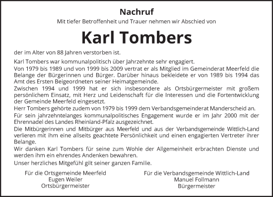Traueranzeige von Karl Tombers von trierischer_volksfreund