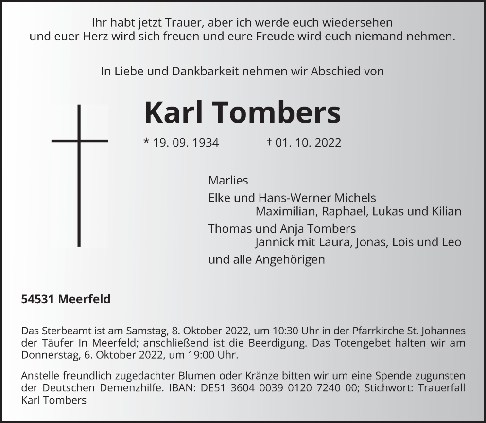  Traueranzeige für Karl Tombers vom 05.10.2022 aus trierischer_volksfreund