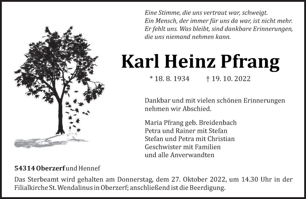  Traueranzeige für Karl Heinz Pfrang vom 24.10.2022 aus trierischer_volksfreund
