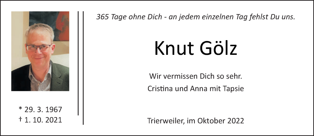  Traueranzeige für Knut Gölz vom 01.10.2022 aus trierischer_volksfreund