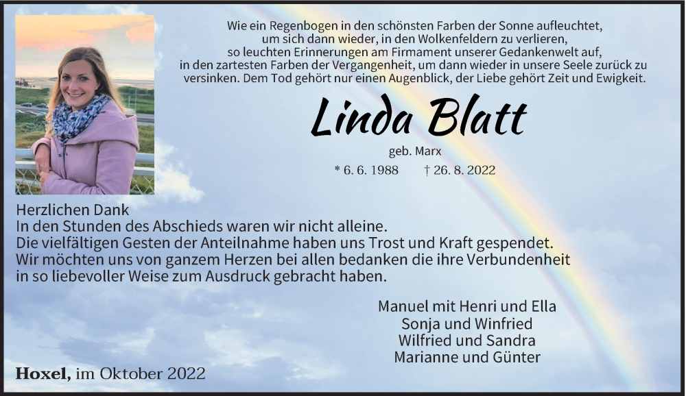  Traueranzeige für Linda Blatt vom 07.10.2022 aus trierischer_volksfreund