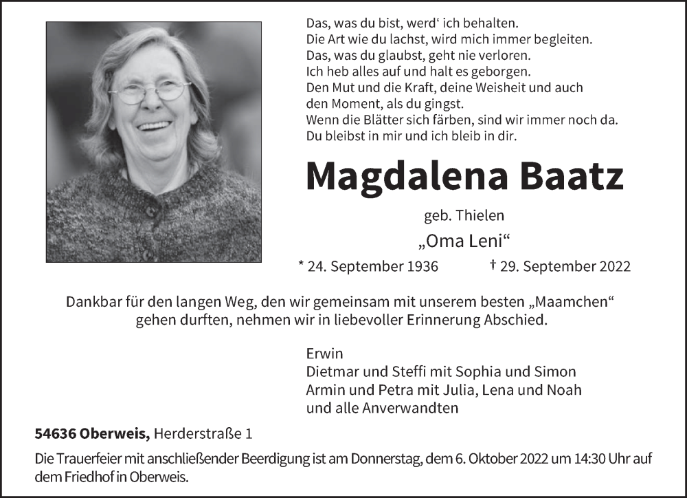  Traueranzeige für Magdalena Baatz vom 04.10.2022 aus trierischer_volksfreund