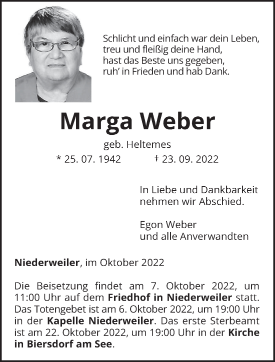 Traueranzeige von Marga Weber von trierischer_volksfreund