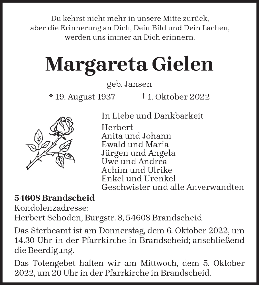  Traueranzeige für Margareta Gielen vom 04.10.2022 aus trierischer_volksfreund