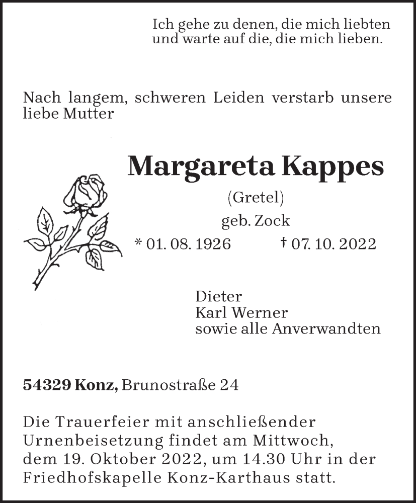  Traueranzeige für Margareta Kappes vom 15.10.2022 aus trierischer_volksfreund