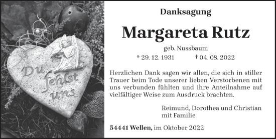 Traueranzeige von Margareta Rutz von trierischer_volksfreund