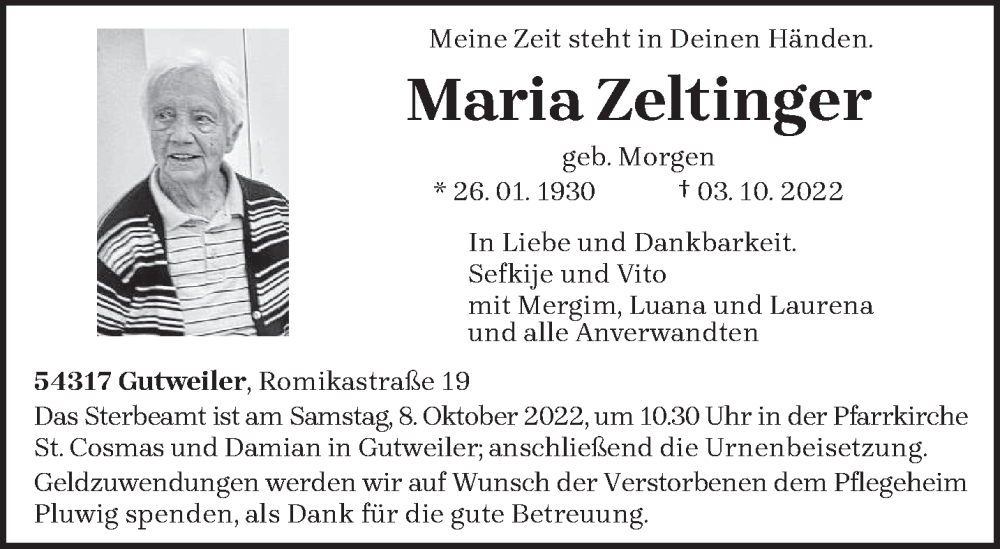  Traueranzeige für Maria Zeltinger vom 06.10.2022 aus trierischer_volksfreund