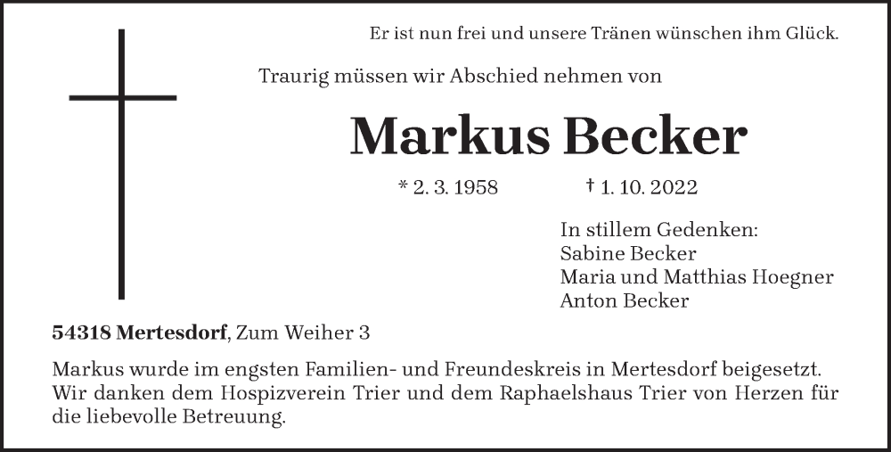  Traueranzeige für Markus Becker vom 15.10.2022 aus trierischer_volksfreund
