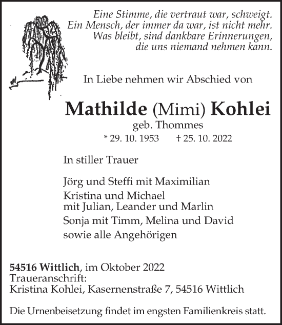 Traueranzeige von Mathilde Kohlei von trierischer_volksfreund