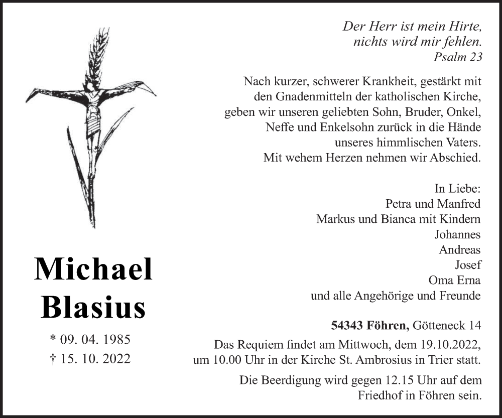  Traueranzeige für Michael Blasius vom 18.10.2022 aus trierischer_volksfreund