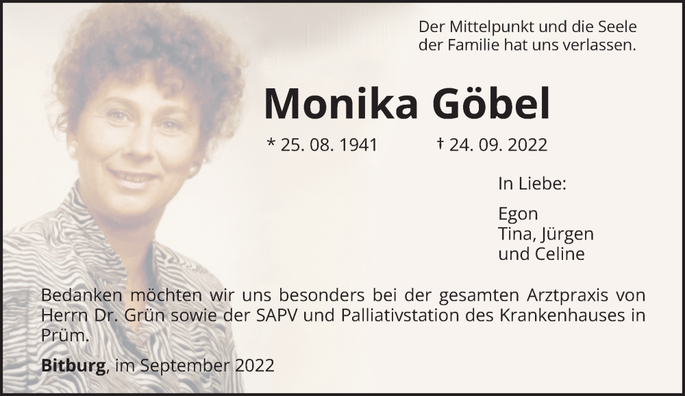  Traueranzeige für Monika Göbel vom 01.10.2022 aus trierischer_volksfreund