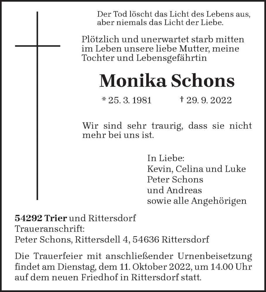  Traueranzeige für Monika Schons vom 07.10.2022 aus trierischer_volksfreund