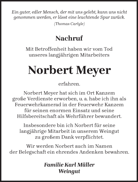 Traueranzeigen Von Norbert Meyer | Volksfreund.Trauer.de