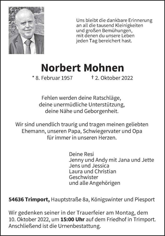  Traueranzeige für Norbert Mohnen vom 07.10.2022 aus trierischer_volksfreund