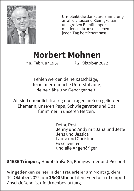 Traueranzeige von Norbert Mohnen von trierischer_volksfreund