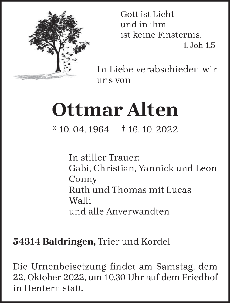  Traueranzeige für Ottmar Alten vom 20.10.2022 aus trierischer_volksfreund