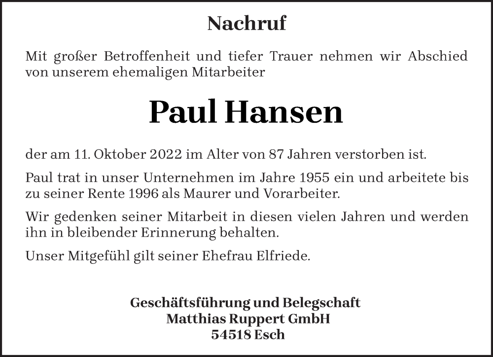  Traueranzeige für Paul Hansen vom 15.10.2022 aus trierischer_volksfreund