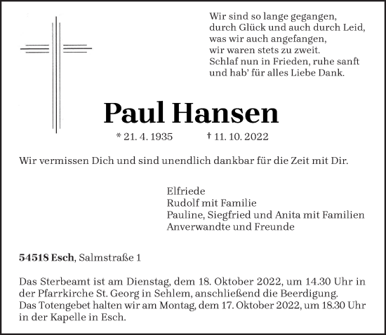 Traueranzeige von Paul Hansen von trierischer_volksfreund
