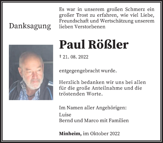 Traueranzeige von Paul Rößler von trierischer_volksfreund