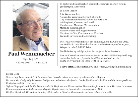 Traueranzeige von Paul Wennmacher von trierischer_volksfreund