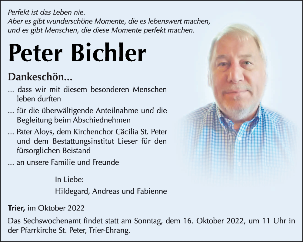  Traueranzeige für Peter Bichler vom 08.10.2022 aus trierischer_volksfreund