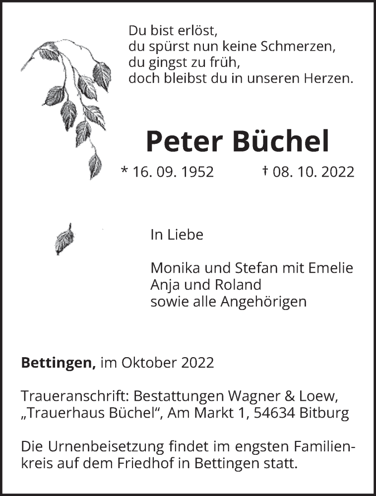  Traueranzeige für Peter Büchel vom 15.10.2022 aus trierischer_volksfreund