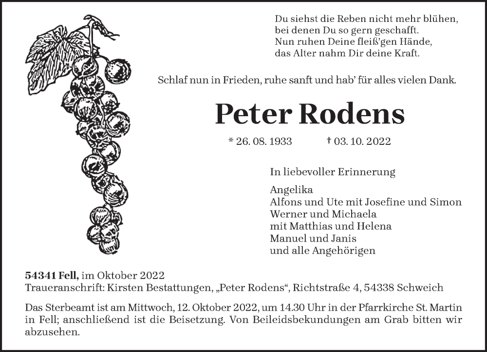  Traueranzeige für Peter Rodens vom 08.10.2022 aus trierischer_volksfreund