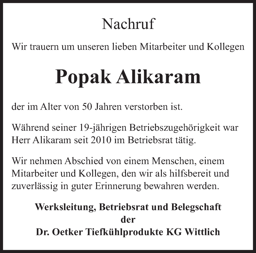  Traueranzeige für Popak Alikaram vom 14.10.2022 aus trierischer_volksfreund