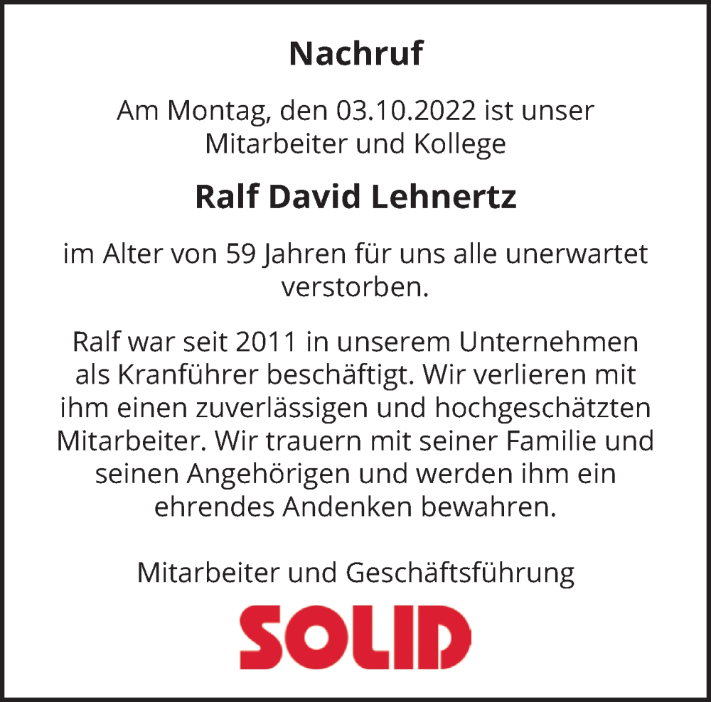  Traueranzeige für Ralf David Lehnertz vom 22.10.2022 aus trierischer_volksfreund