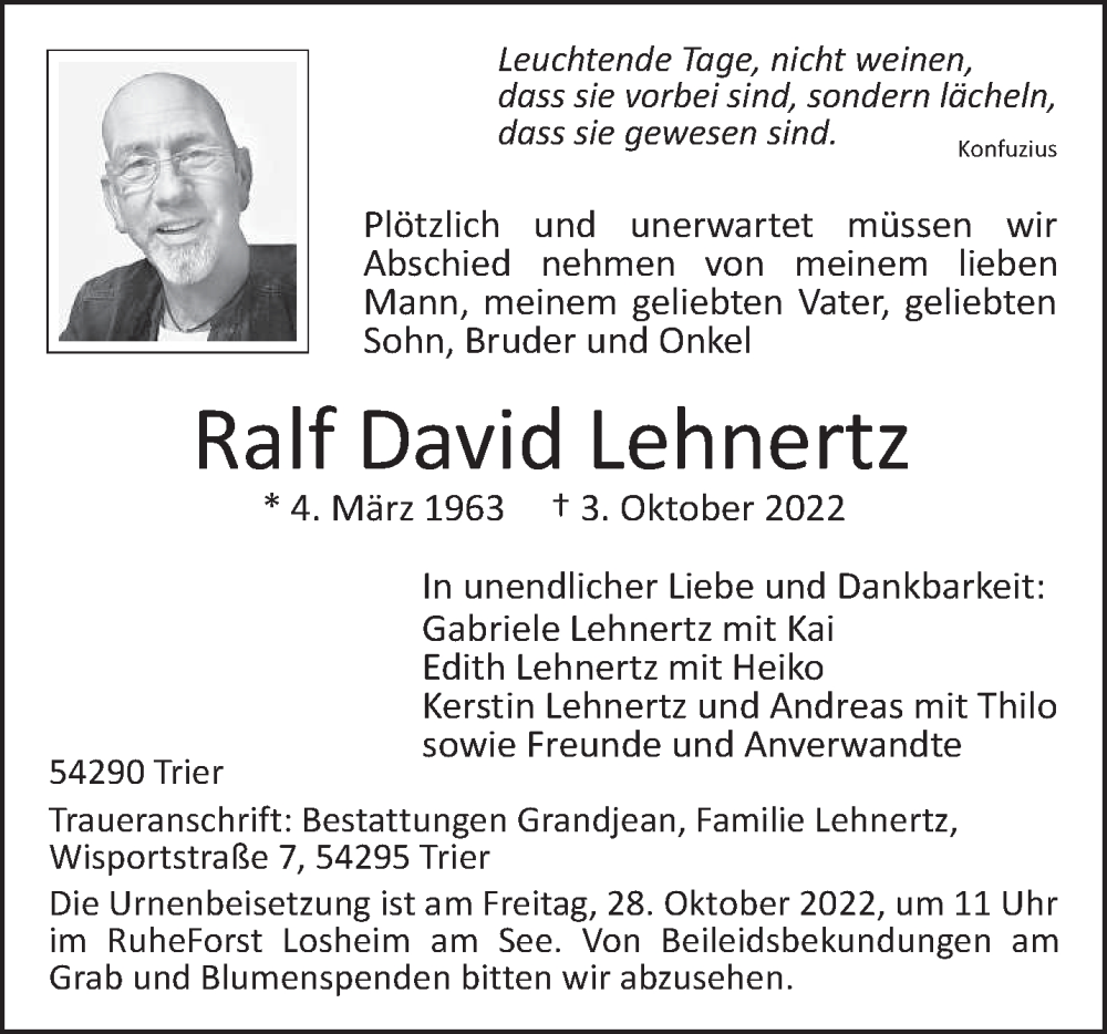  Traueranzeige für Ralf David Lehnertz vom 15.10.2022 aus trierischer_volksfreund