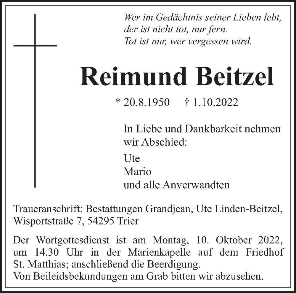  Traueranzeige für Reimund Beitzel vom 05.10.2022 aus trierischer_volksfreund