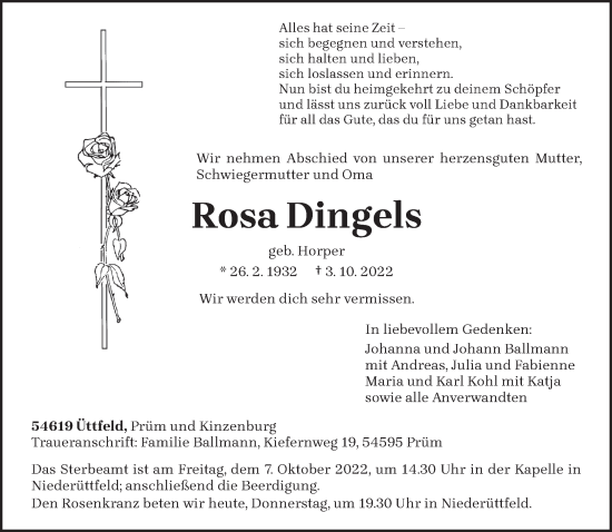 Traueranzeige von Rosa Dingels von trierischer_volksfreund