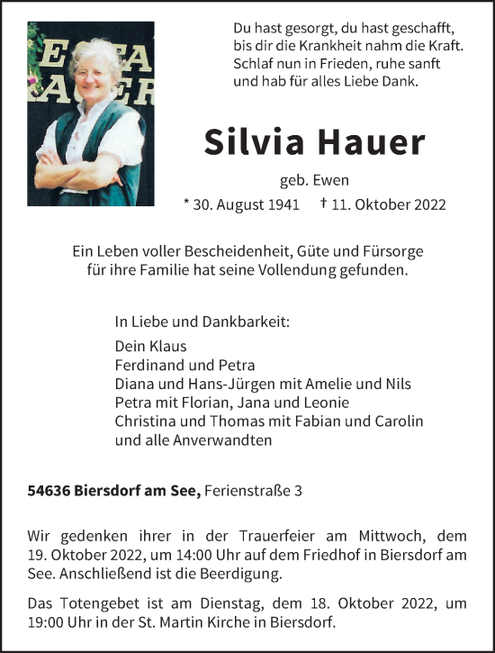 Traueranzeige von Silvia Hauer von trierischer_volksfreund
