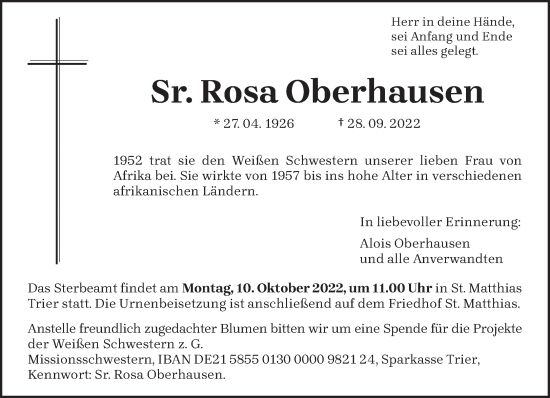Traueranzeige von Sr. Rosa Oberhausen von trierischer_volksfreund