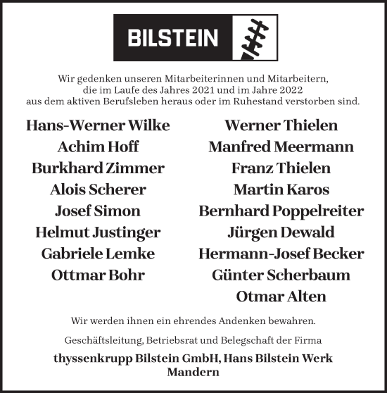 Traueranzeige von thyssenkrupp Bilstein GmbH gedenkt von trierischer_volksfreund