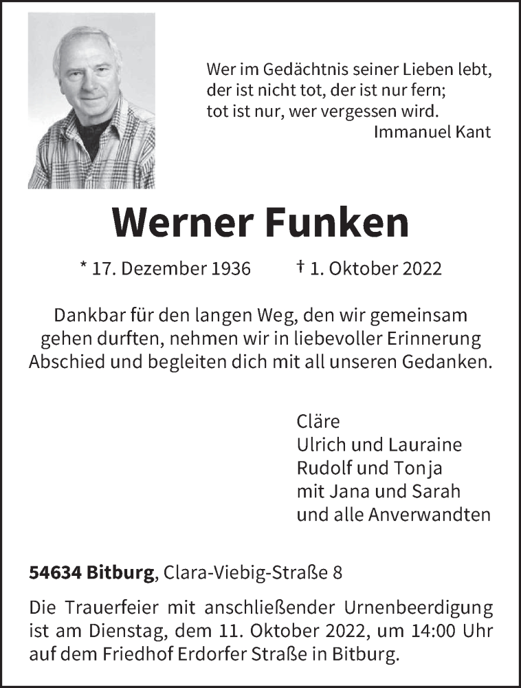 Traueranzeige für Werner Funken vom 05.10.2022 aus trierischer_volksfreund